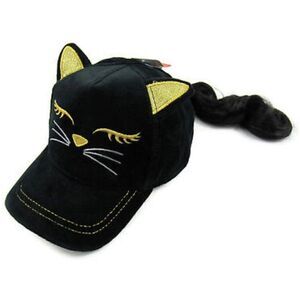 Girls Cat Ears Baseball Cap with attached Faux Hair Black Gold Head Piece NWT
